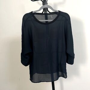 Express, navy blue, sheer 3/4 length dolman sleeved, tunic length blouse. Size M